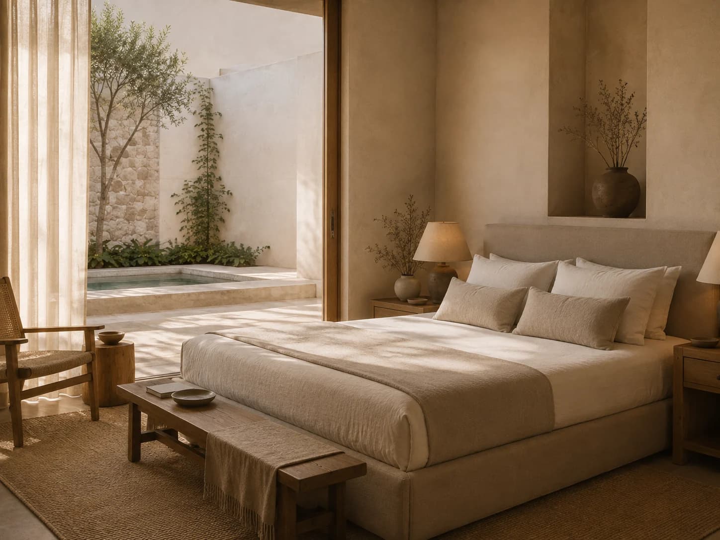 Calm bedroom opening toward a private pool through full-height timber doors