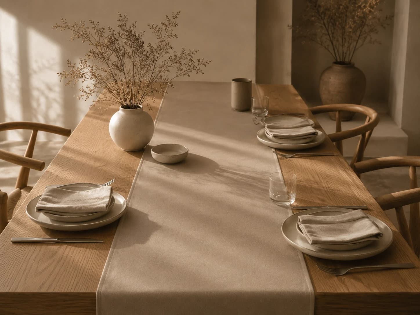 Long timber dining table set with quiet neutral ceramics and a linen runner
