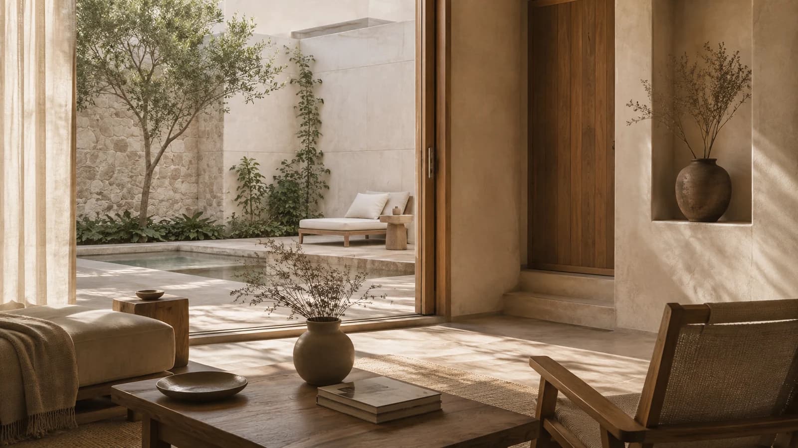 Sunlit living room opening onto a private courtyard and calm plunge pool