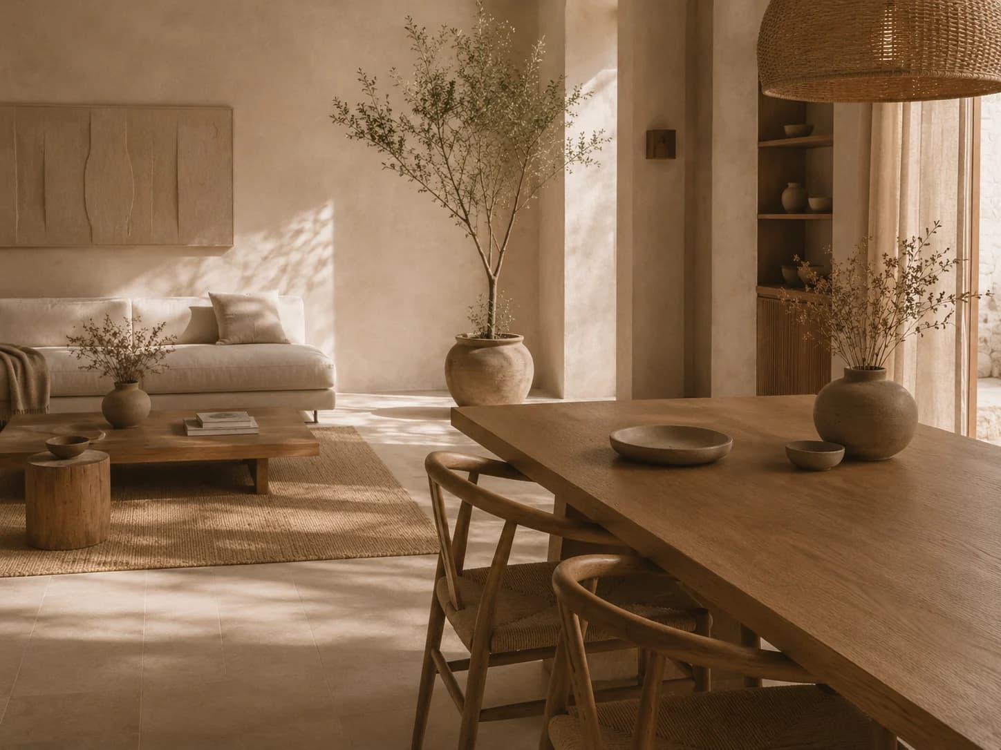Warm living and dining room arranged with natural timber, linen, and handmade ceramics