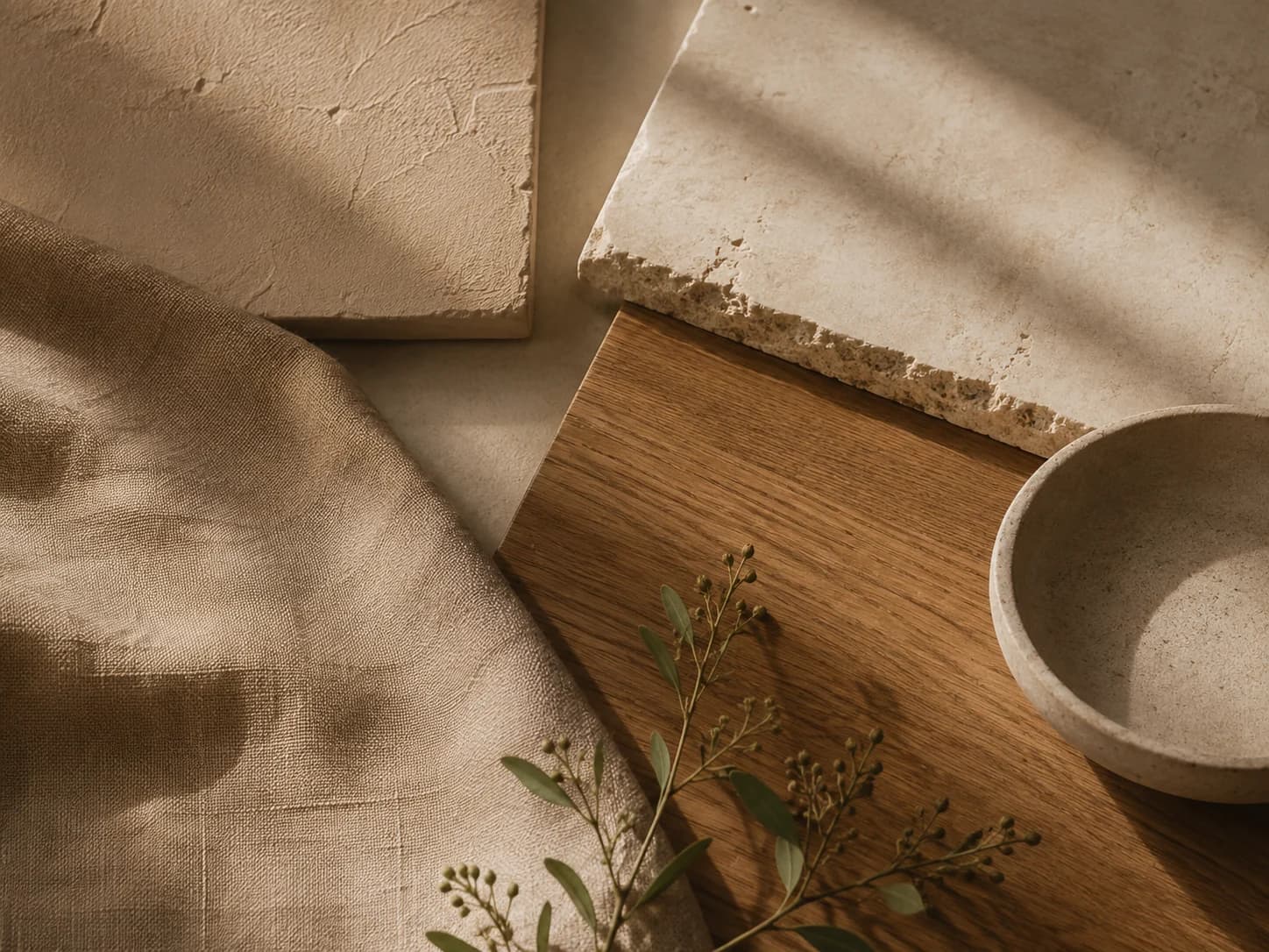 Material palette of limestone, warm timber, natural linen, clay, and botanical branches