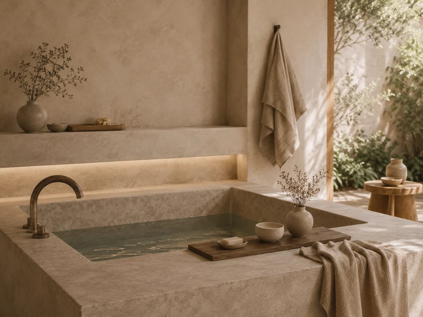 Stone soaking bath with linen, ceramics, warm light, and a garden view