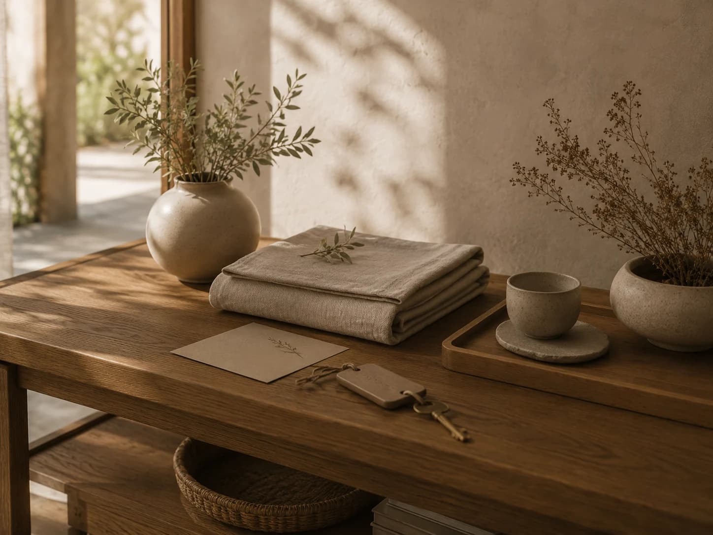 Thoughtful welcome details with folded linen, tea, a room key, and botanical stems