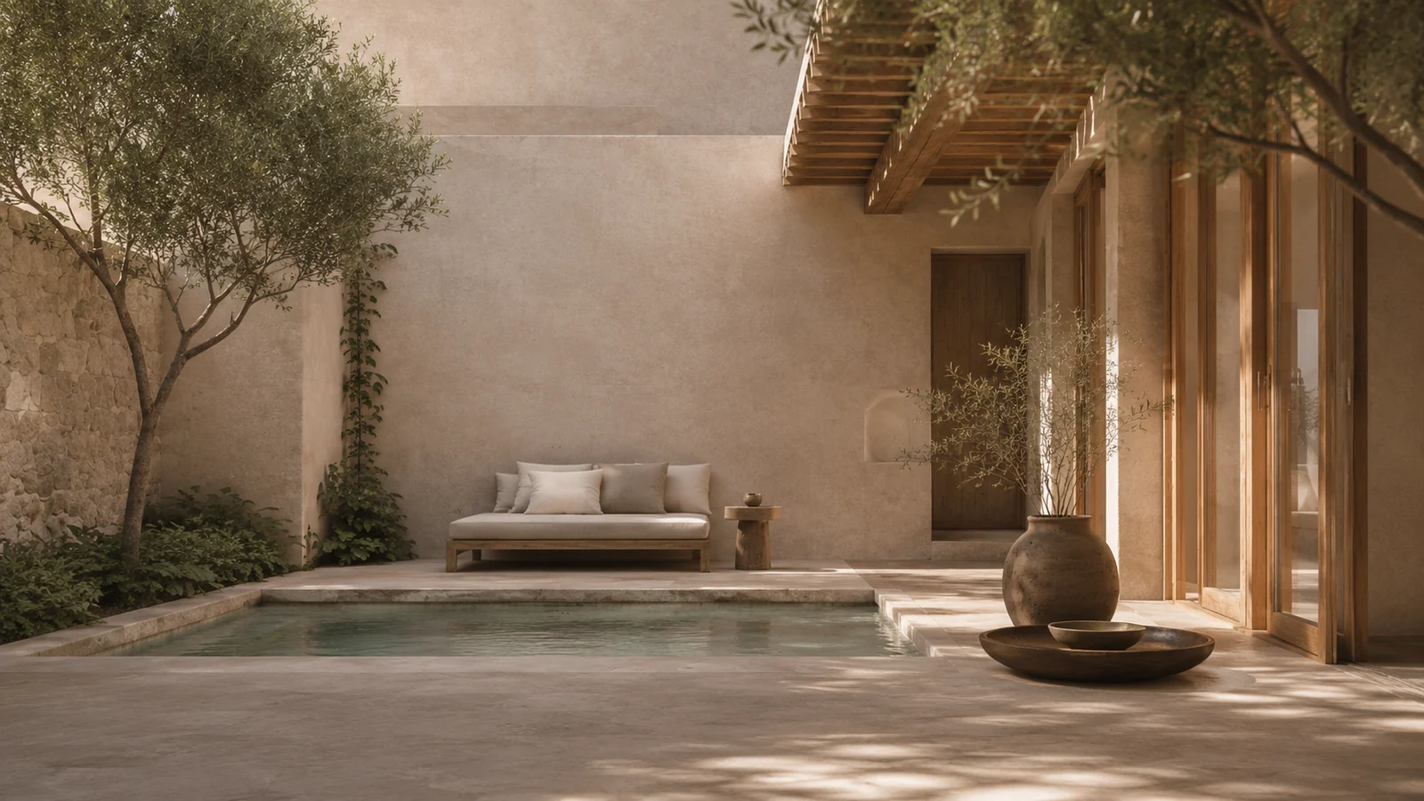 Quiet courtyard with a plunge pool, olive trees, timber doors, and stone walls