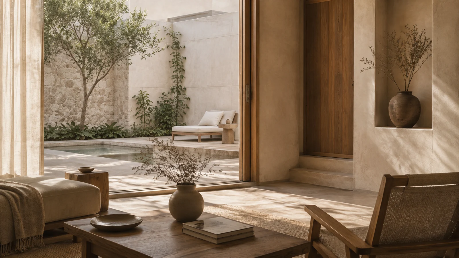 Sunlit living room at Ruma Kamyna in Megamendung, Puncak Bogor, opening to a private courtyard pool